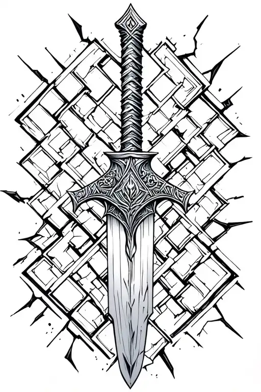 A highly detailed aggressive Norse mythology tattoo design, featuring a battle-worn Viking sword stabbed into a cracked  tattoo design idea