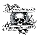 "Momento mori Momento vivere" memento mori memento vivere tattoo design, hour glass tattoo, skull in the bottom and on the top part tree sinking down tattoo design idea