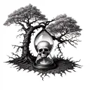 "Momento mori Momento vivere" memento mori memento vivere tattoo design, hour glass tattoo, skull in the bottom and on the top part tree sinking down tattoo design idea