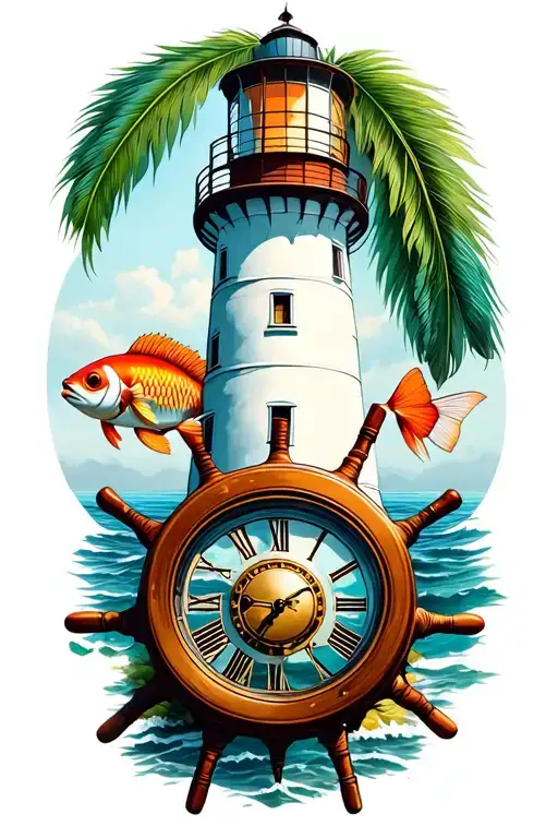 Light house, ship wheel with a clock, Indian feather, tropical fish, motorcycle tattoo design idea