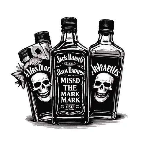 old liqour bottle similar to a jack daniels bottle with script that says "missed the mark" with a skull design on it tattoo design idea
