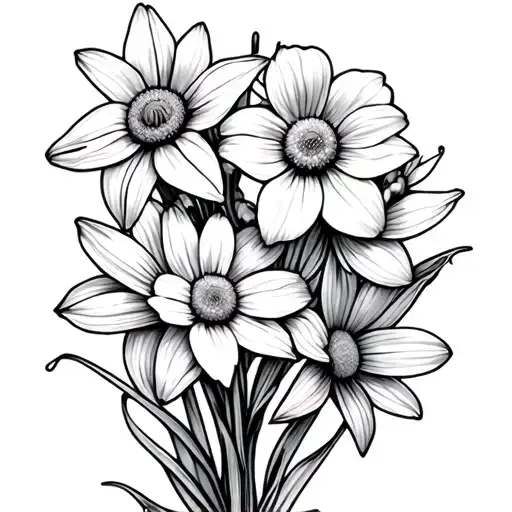 daisy & daffodil bouquet fine line tattoo design idea