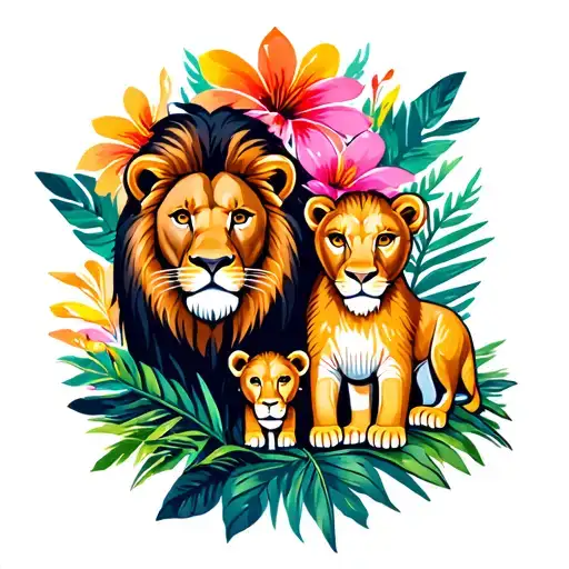 lion family mom dad and two cubs bright color with tropical flower backround tattoo design idea