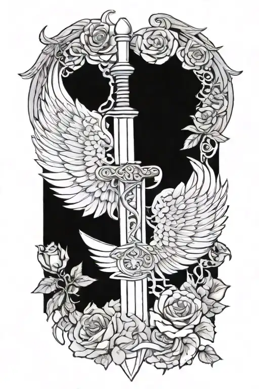 angel wings behind sword, roses tattoo design idea