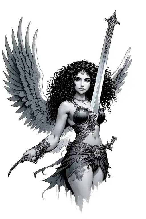 female Latina angel with curly hair holding a sword tattoo design idea
