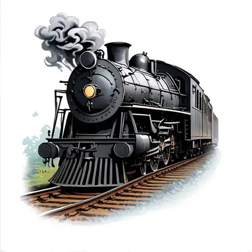 1800s black and grey locomotive on the tracks smoking  tattoo design idea