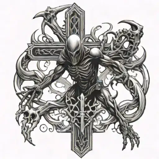 burning Christian crucifix scaring a Xenomorph from the film alien tattoo design idea