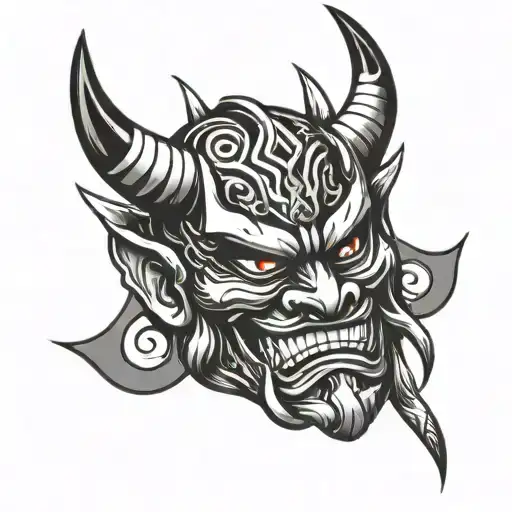 simple tattoo sketch, Japanese oni mask, simple knife under the mask, minimal details tattoo design idea