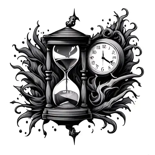 hourglass with lost souls at bottom and clock at top tattoo design idea