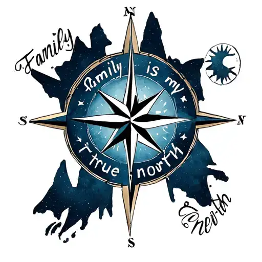 "Family is my true north" compass each point a star sign tattoo design idea