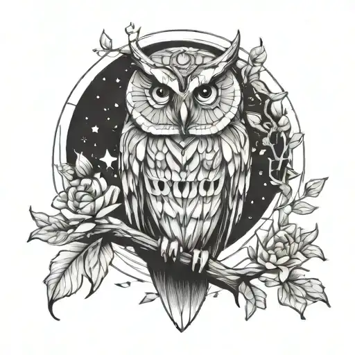 owl perched on a branch in forest with moon and flowers tattoo design idea