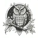 owl perched on a branch in forest with moon and flowers tattoo design idea