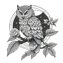 owl perched on a branch in forest with moon and flowers tattoo design idea