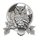 owl perched on a branch in forest with moon and flowers tattoo design idea
