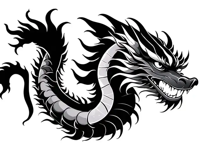 single head traditional Japanese dragon without wings black and grey full length design tattoo design idea