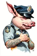 pig in a cop uniform getting shot in the head profile holding tattoo design idea
