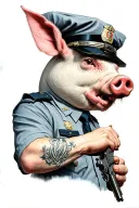 pig in a cop uniform getting shot in the head profile holding tattoo design idea