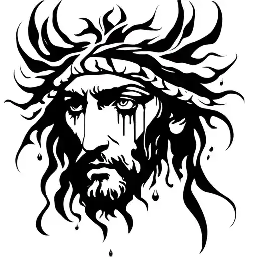 Jesus, tears, crucifixion, despair in the eyes surrounded tattoo design idea