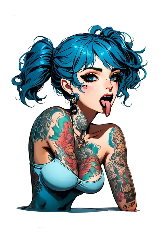 Clean, hentail, bdsm, stick out tongue, nymphomaniac face, young, sexy leaning front position, hide nudity, blue hair tattoo design idea