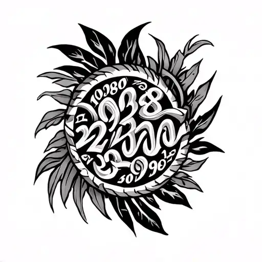 a black and white polynesian-style tattoo with the years 1998, 2000, 2002, and 2006 hidden inside. tattoo design idea