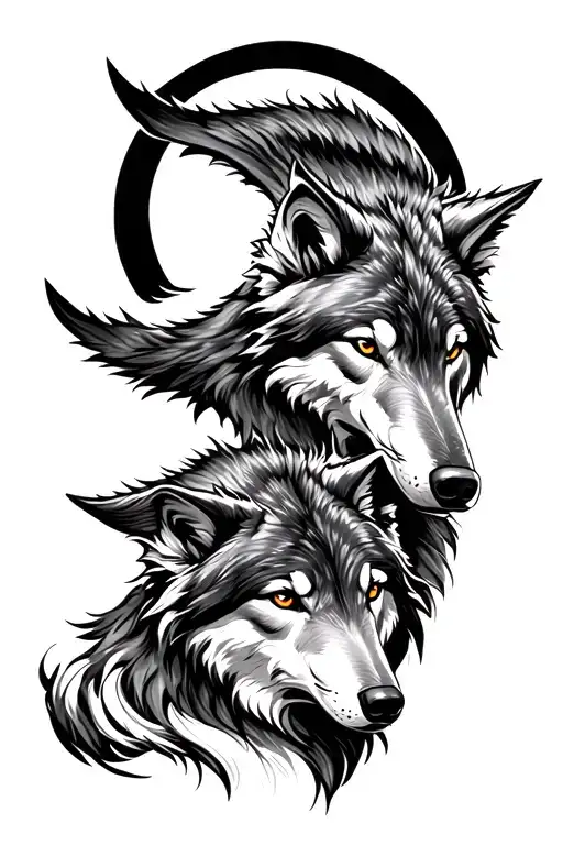 Father Wolf head and son wolf head looking majestically with a moon behind them tattoo design idea