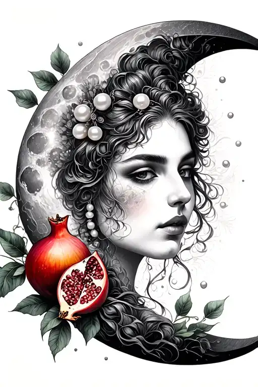 neo-traditional portrait mystic oracle, moon, pomegranates, pearls tattoo design idea