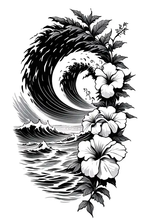 waves crashing on beach with hibiscus vine on right side tattoo design idea
