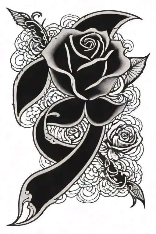 Rose with cancer ribbon intertwined tattoo design idea
