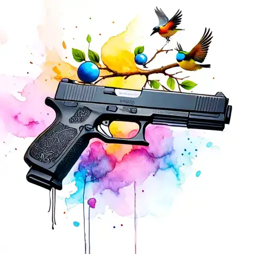 Glock -like firearm that shoots a ball and a colorful sparrow flies away from a branch tattoo design idea