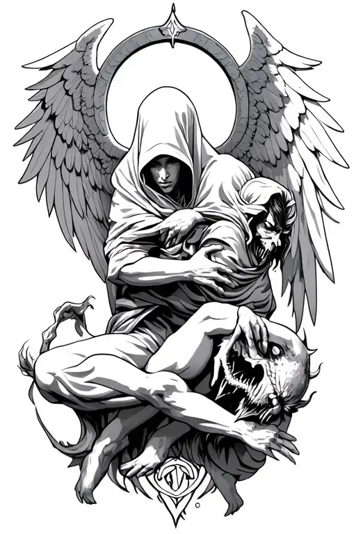 hooded arch angel defeating a demon tattoo design idea
