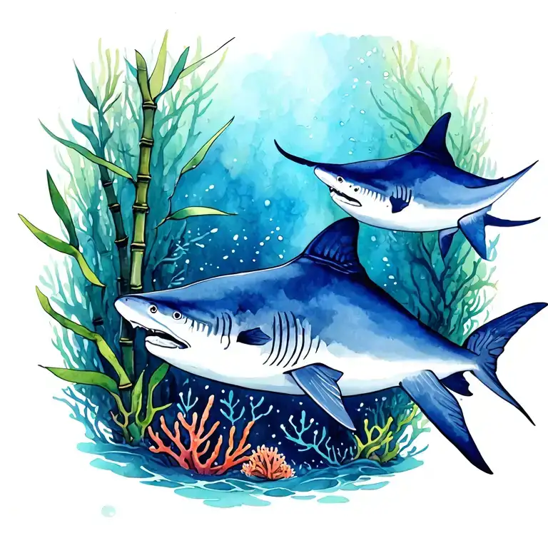 stingray and bamboo shark with coral and water background tattoo design idea