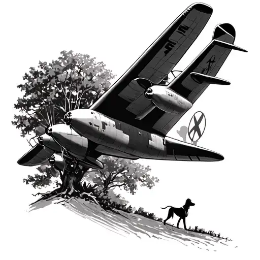 Lancaster bomber flying over trees, with lady walking dog  tattoo design idea