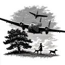 Lancaster bomber flying over trees, with lady walking dog  tattoo design idea