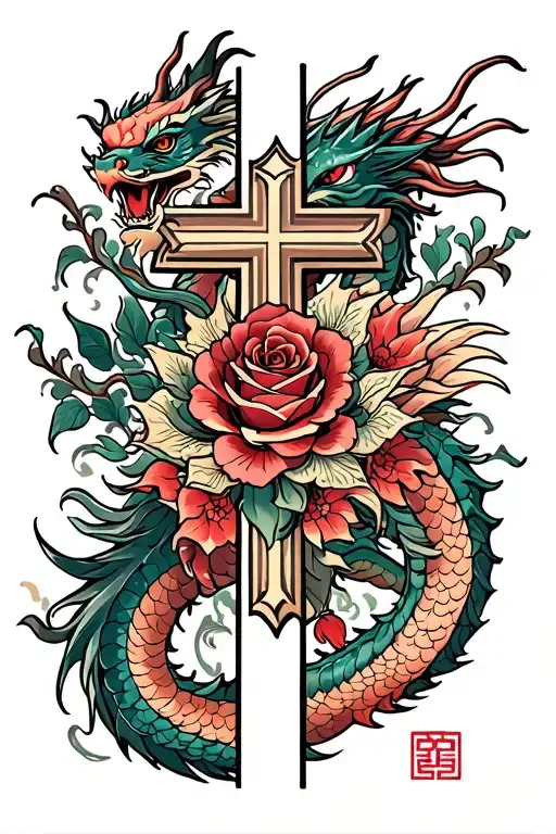 Cross with roses and a dragon tattoo design idea