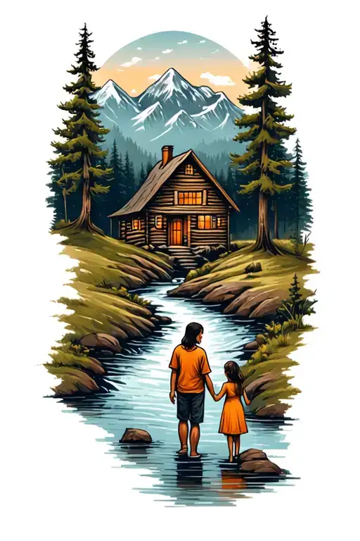 cabin in the mountains with a stream with family father daughter daughter son mother  tattoo design idea