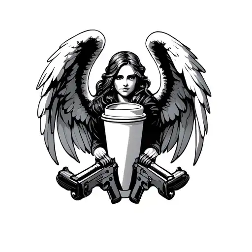 angel with double styrofoam cup and guns tattoo design idea