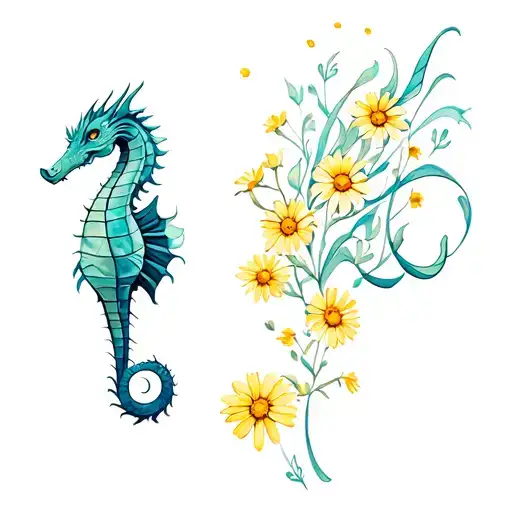 Dragons , yellow daisies, and sea horse tattoo design idea