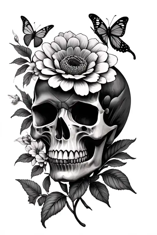 flowers skull butterfly tattoo design idea