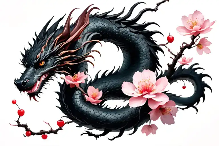 black dragon with cherry blossoms wrapped tattoo design idea