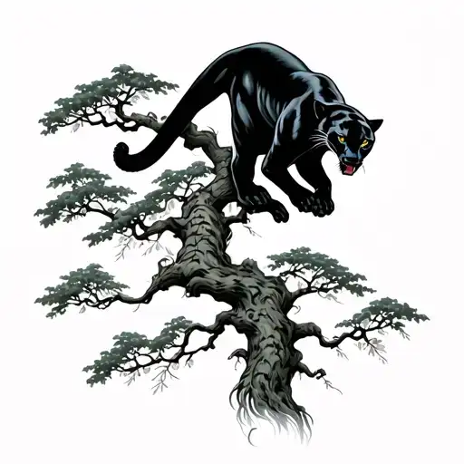 Panther climbing japanese tree tattoo design idea