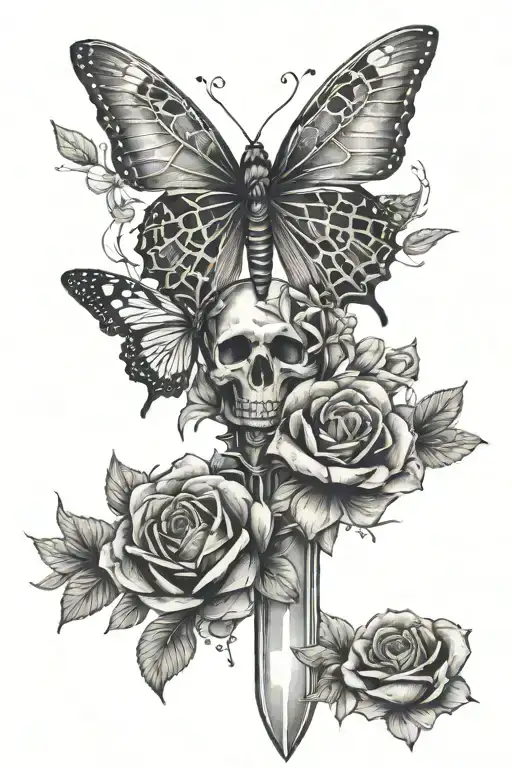 delicate flowers, sword, butterfly, skeleton hand holding tattoo design idea
