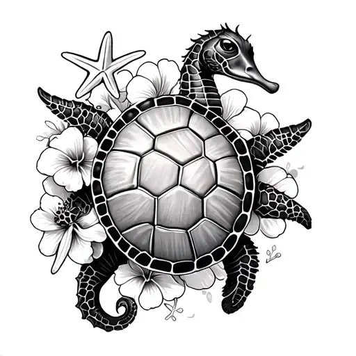 1 turtle 1, seahorse, and starfish around hibiscus flowers tattoo design idea