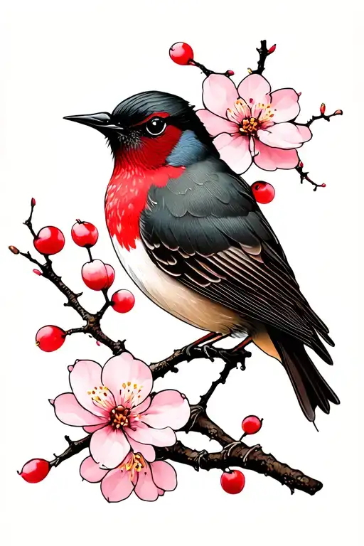nightingale with cherry blossom branch tattoo design idea