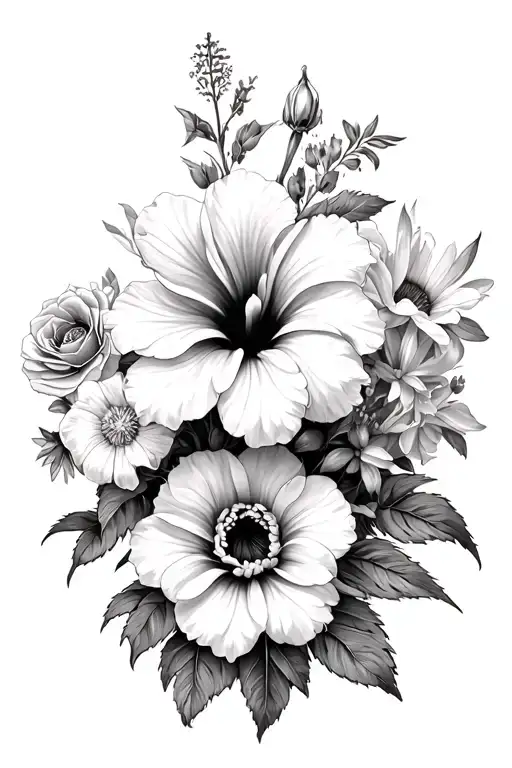 hibiscus, dahlia, mountain wildflowers, roses, tulip, ranunculus, peony, gladiolus, irises, rhododendron, sunflower, tattoo design idea