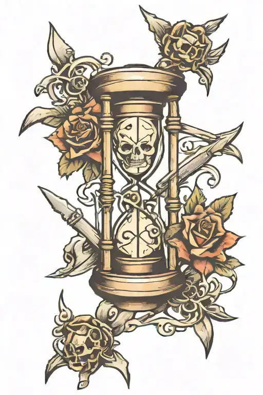 an hourglass with three swords crossing each other, a skeleton tattoo design idea