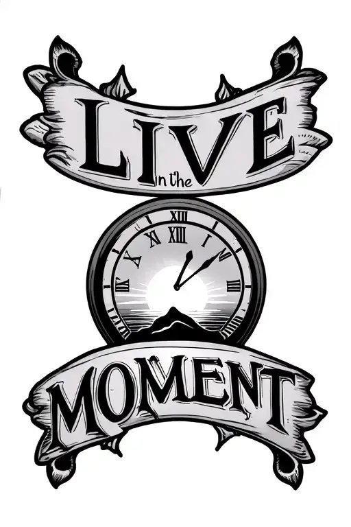 "Live in the moment " clock and sun setting tattoo design idea