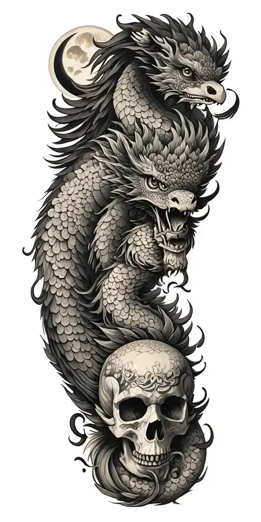 Chinese dragon and phoenix and skull and moon and raven tattoo design idea