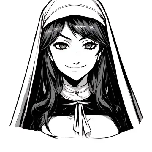 sexy anime girl winks one eye and smiles aggressively in full-length nun guise tattoo design idea