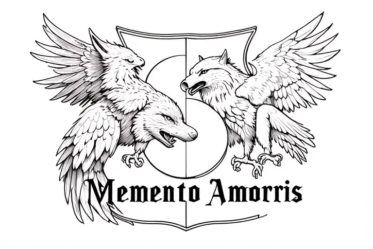 "Memento Amoris" Wolf eagle yin yang on a shield  tattoo design idea