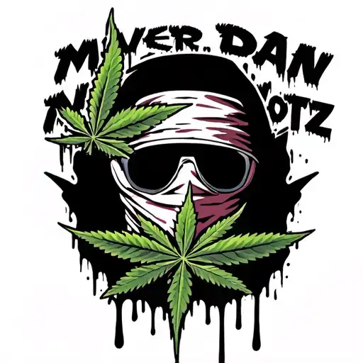 graffiti text ' "Mover Dan Nottz"  with a ganja leaf blood dripping big graffiti with a balaclava thug in tattoo design idea